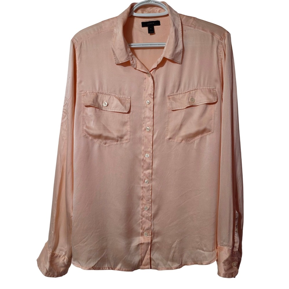 J.Crew Women 14 Silk Blouse Peach Button Down Long Sleeve Pocket Top Luxury